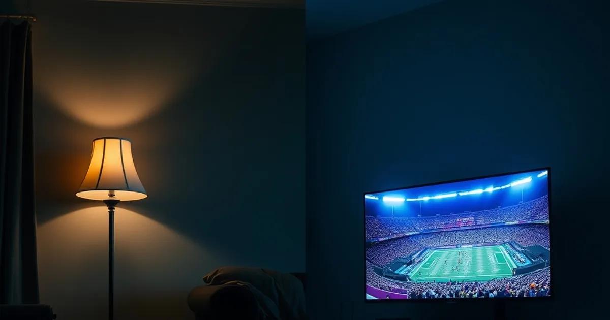 Split dark living room scene contrasting a cluttered old cable box and paper bills on one side with a sleek modern streaming setup glowing under ambient blue light on the other
