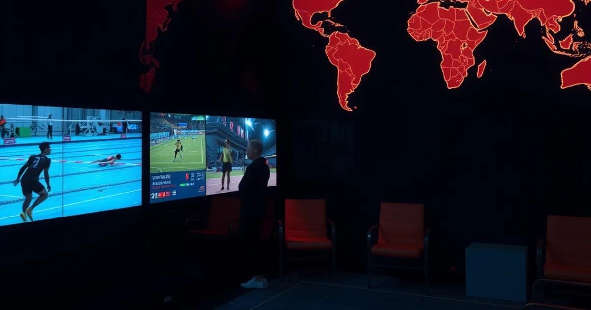 A dark room with a wall of glowing screens showing different Asian Games sports and a faint world map with timezone lines in the background