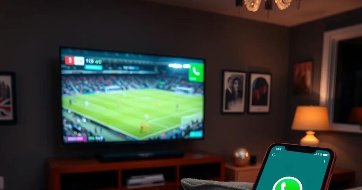 A UK living room at night, a large TV mid-Premier League match with crisp sharp picture, a smartphone on the sofa arm showing a WhatsApp chat with a green checkmark code delivery, and five faint numbered rank badges (1 through 5) arranged like a scoreboard along the bottom edge of the screen