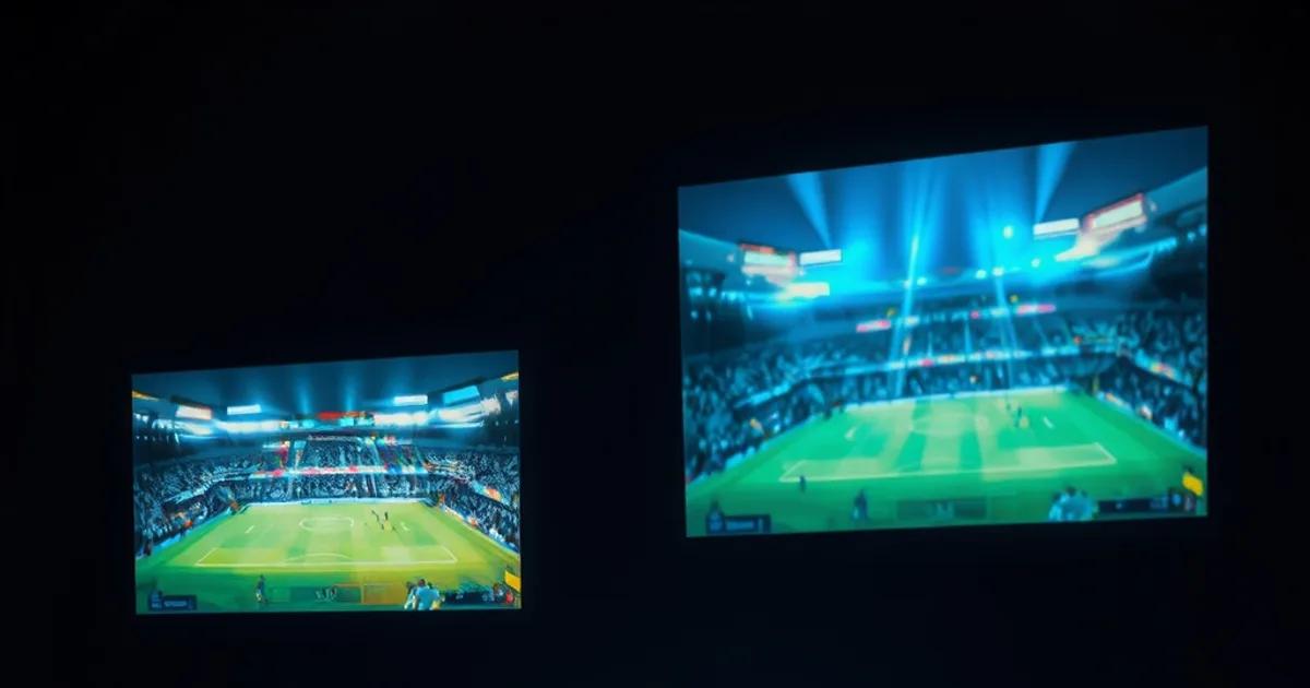 A dark room lined with multiple glowing screens simultaneously streaming different European football matches, some showing signal strain
