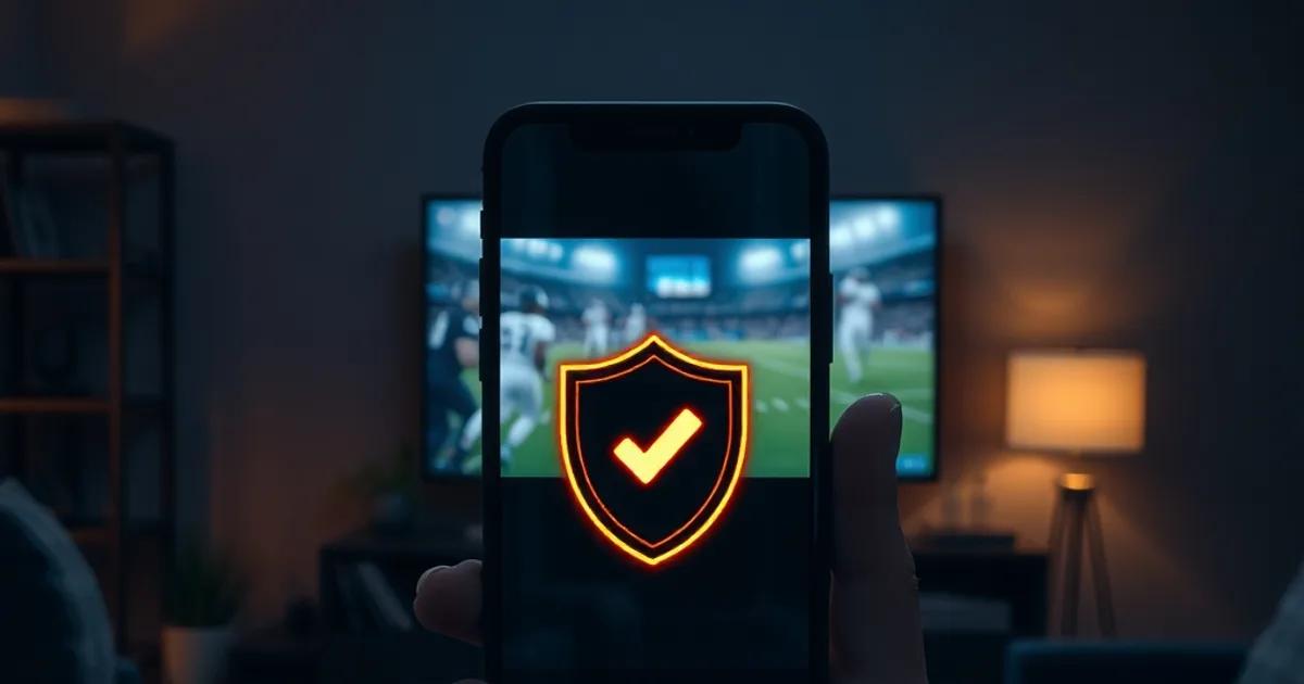 A hand holding a smartphone with a glowing security checkmark icon, with a live sports broadcast blurred on a TV in the dark background