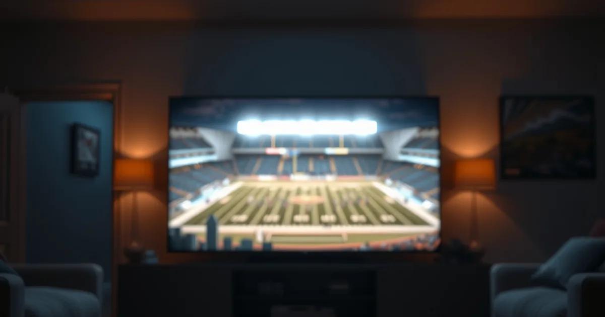 A dark living room at night with a large TV displaying a college football stadium broadcast, a streaming remote in the foreground