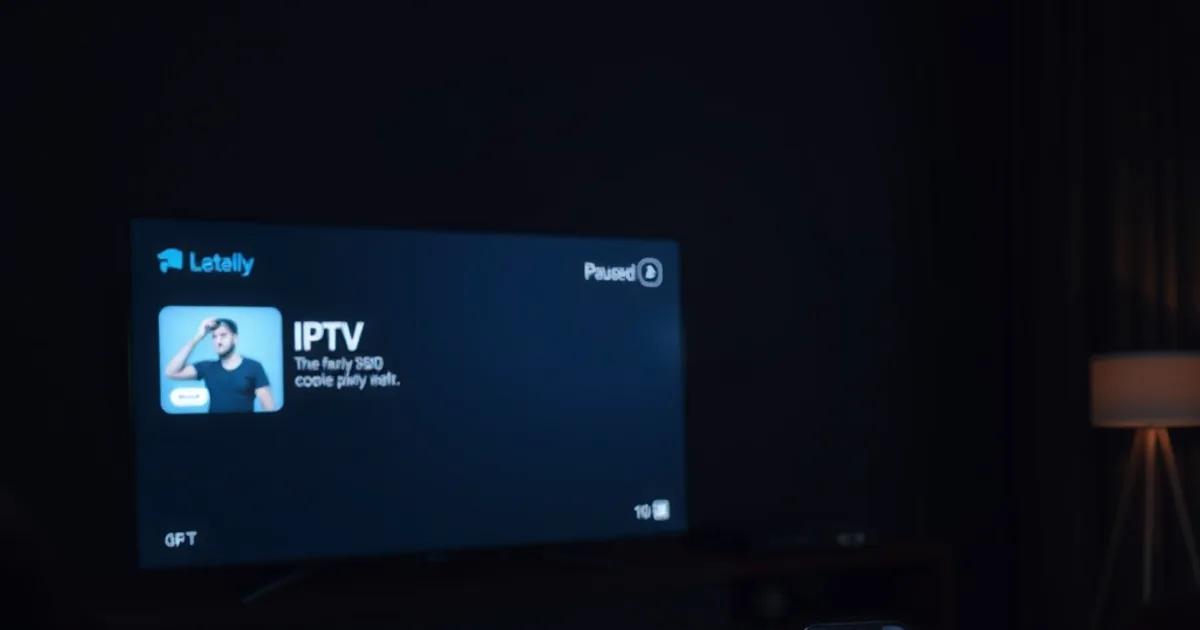 A dimly lit living room at night with a TV glowing blue and a smartphone resting beside a remote control on a table