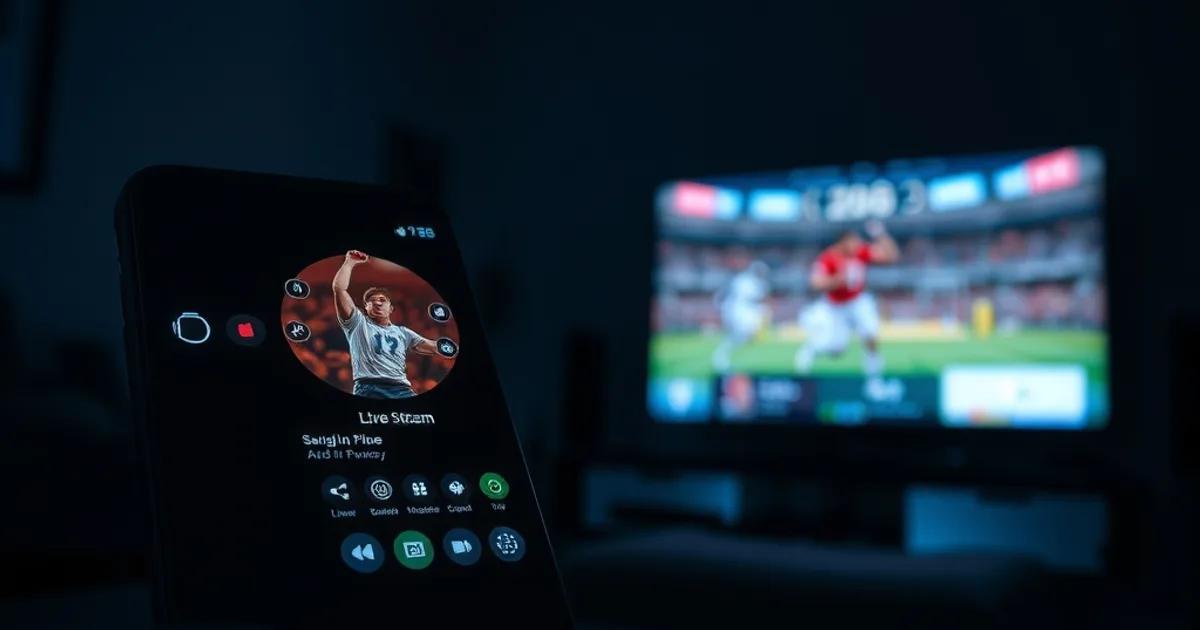 An iPhone streaming a live channel next to an Apple TV remote, with a television glowing softly in a dark living room background