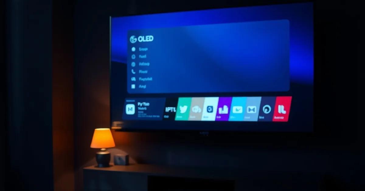 A modern Smart TV glowing with a streaming app interface in a dark, premium living room at night