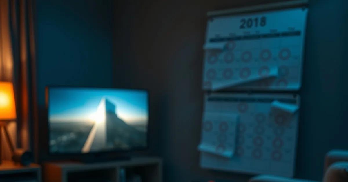 A dimly lit living room with a glowing TV, a calculator, and a hand-tallied notebook comparing monthly costs against a two-year wall calendar.