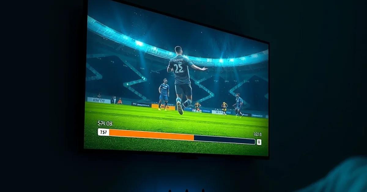 A dark living room where a wall-mounted TV shows a frozen, buffering live football stream, lit by a streaming device and router in the background