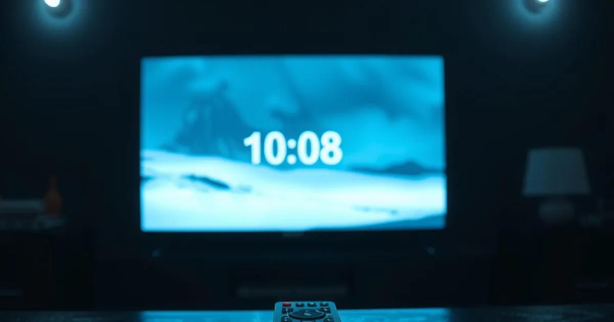 A dim living room lit only by a frozen streaming screen, with a remote control resting on a table in the foreground, evoking a stream about to cut out
