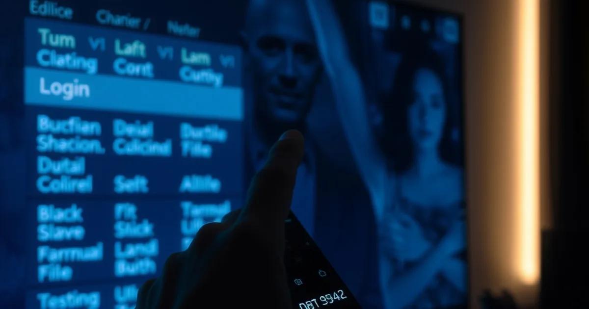 Close-up of a hand entering an activation code on a streaming device remote with a dark, glowing channel guide visible on a TV screen in the background