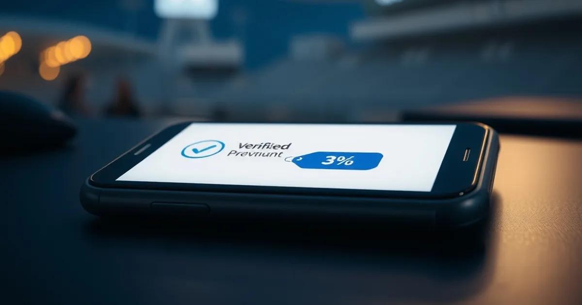 A smartphone glowing with a verification checkmark and discount tag icon on a dark desk, with blurred stadium floodlights in the background.