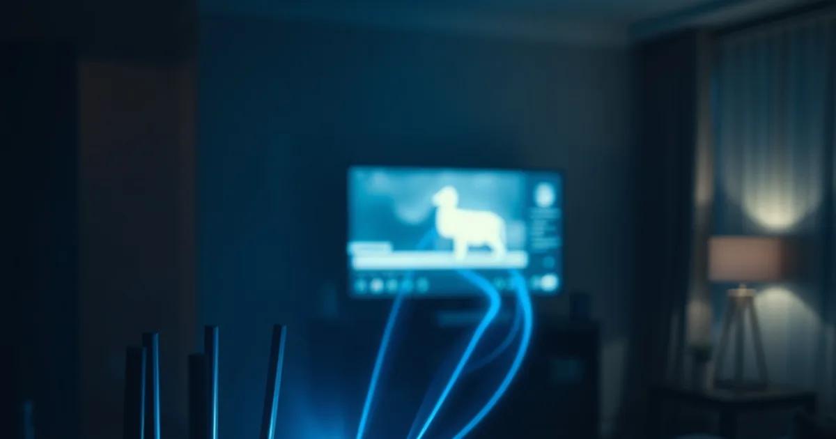 Dark, cinematic living room scene showing a router's light streams narrowing through a bottleneck before reaching a TV screen, symbolizing ISP throttling of streaming traffic