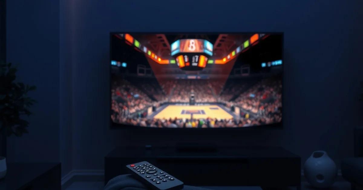 Dark living room at night with a wall-mounted TV glowing with the light of a live basketball broadcast