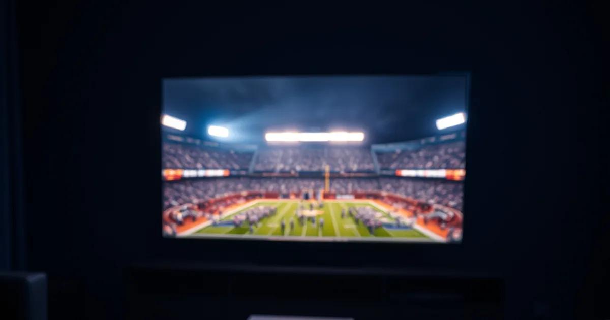 Dark living room lit by a wall-mounted TV streaming a floodlit American football stadium at night, with a remote control resting in the foreground