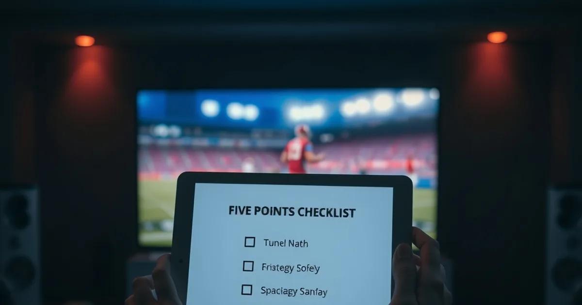 A person reviewing a five-point evaluation checklist on a tablet in a dim home theater with a TV glowing in the background