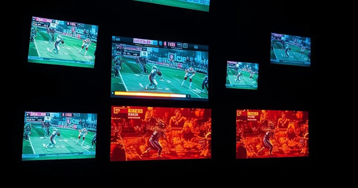 A dark room with a wall of glowing screens showing live sports streams, one screen frozen mid-buffer while others play smoothly