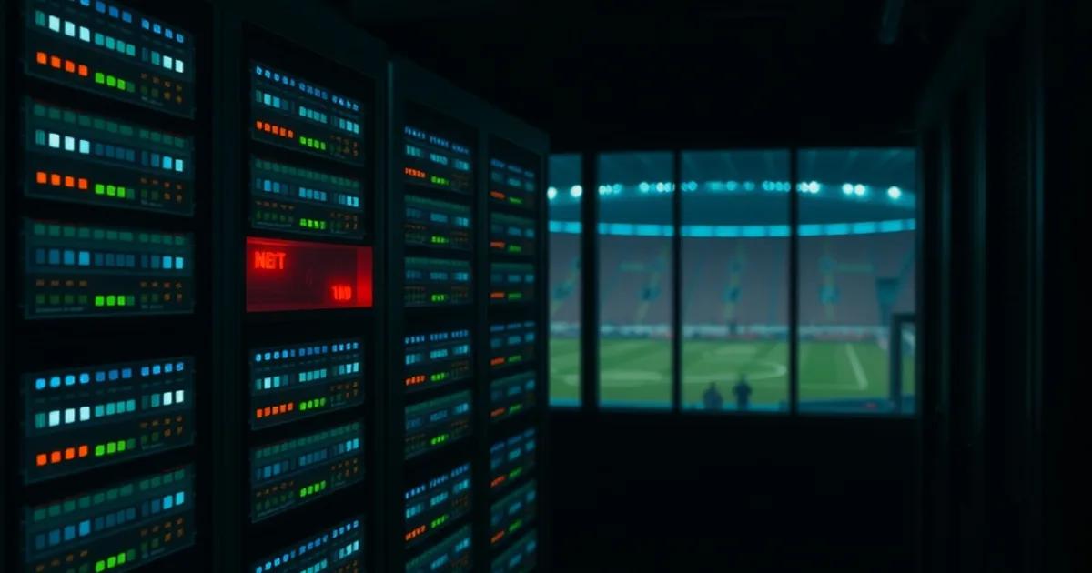 Dark data center with server racks glowing blue-green, one rack flickering red, distant stadium floodlight glow in the background