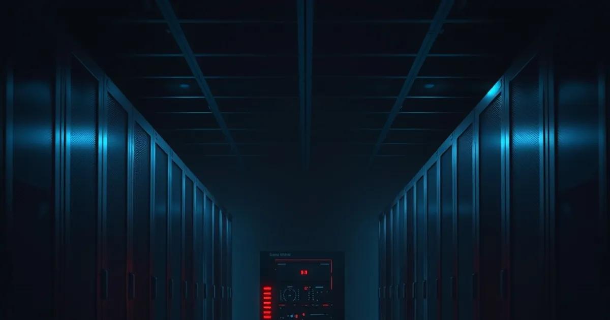 A dark data center with a single server rack lit by a blinking red warning light, evoking the moment before a shutdown
