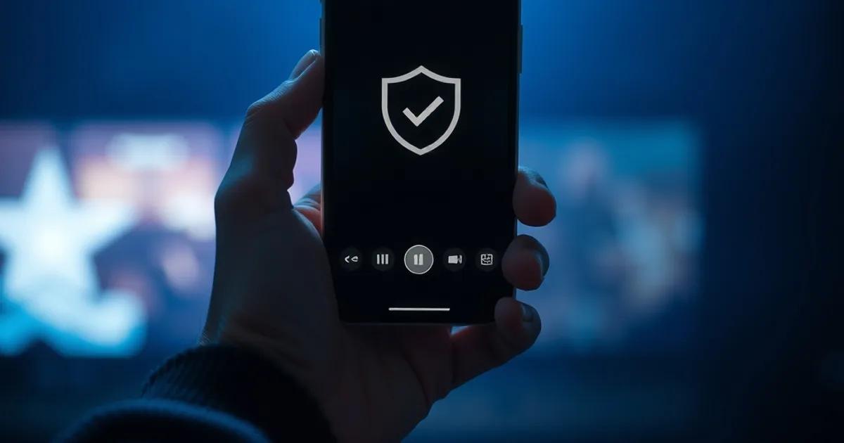 A hand holding a smartphone with a streaming interface, a faint glowing protective shield symbol above it, in a dark cinematic setting