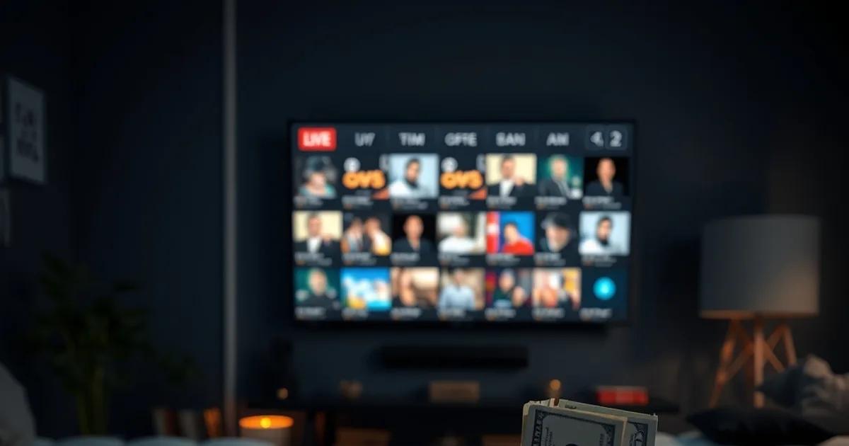 A dark living room lit by a TV showing a grid of live channels, with a small stack of cash on a side table symbolizing bundle savings