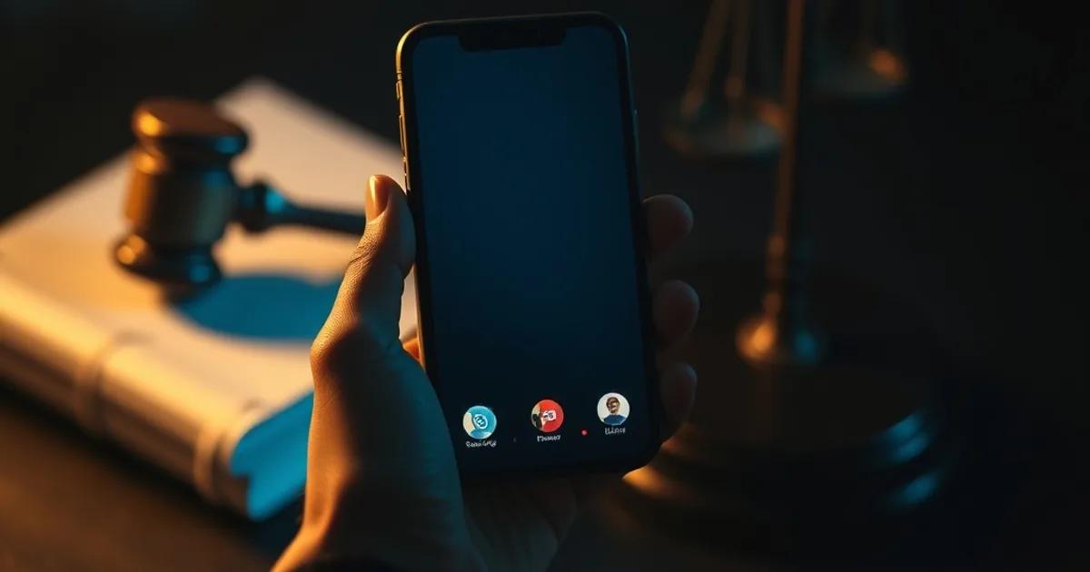 A smartphone showing a streaming app glowing in dim light beside a blurred gavel and legal documents, symbolizing IPTV legality
