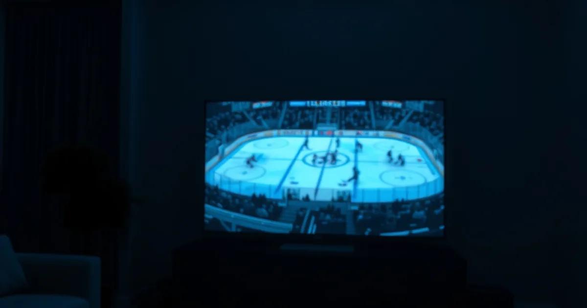 A dark living room at night lit by the blue glow of a live hockey broadcast on a wall-mounted 4K television, with a streaming remote and Ethernet cable visible in the foreground