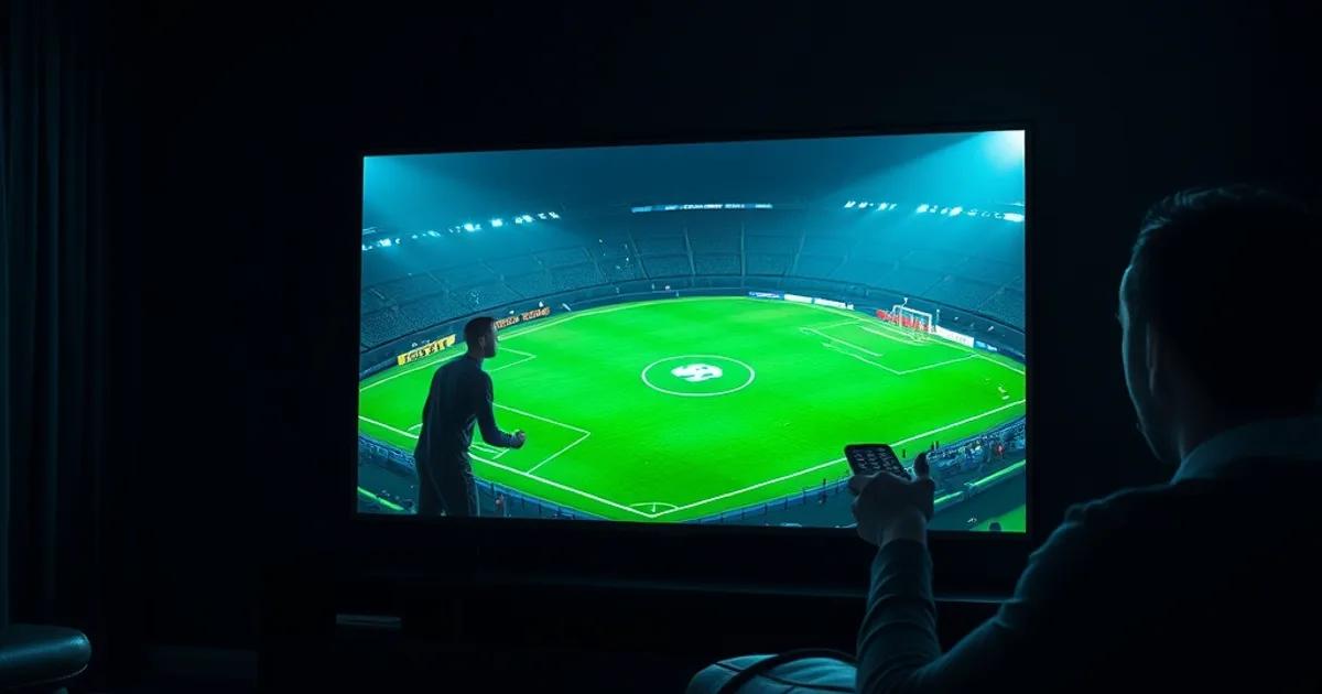 Dark, cinematic home theater with a glowing TV showing a football pitch under floodlights, a streaming device and ethernet cable visible beneath the screen