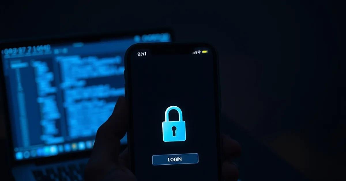 A hand holds a smartphone showing a glitching padlock login screen in a dark room lit by cold blue light, a laptop with scrolling code blurred in the background