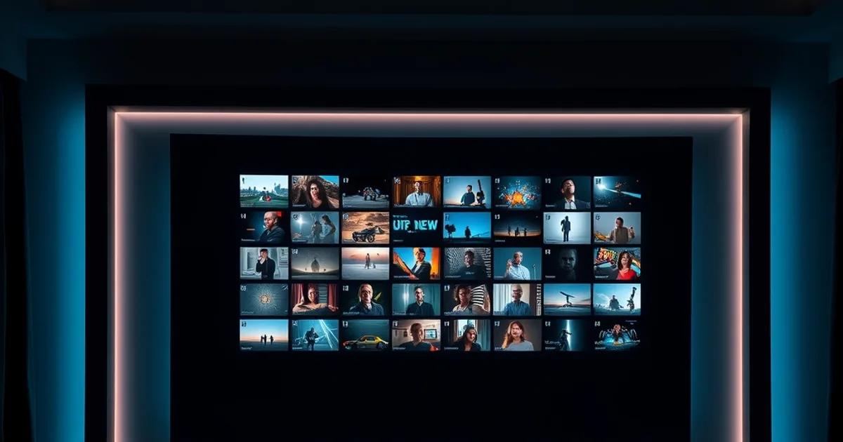 Dark home theater room with a screen showing a grid of live stream preview tiles beside a laptop displaying a stopwatch, evoking pre-purchase IPTV testing