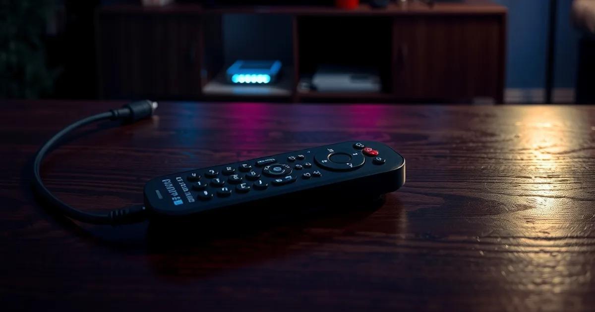 Dark living room at night with a TV glowing with a blurred cage-fight broadcast, a remote control and router visible in the foreground