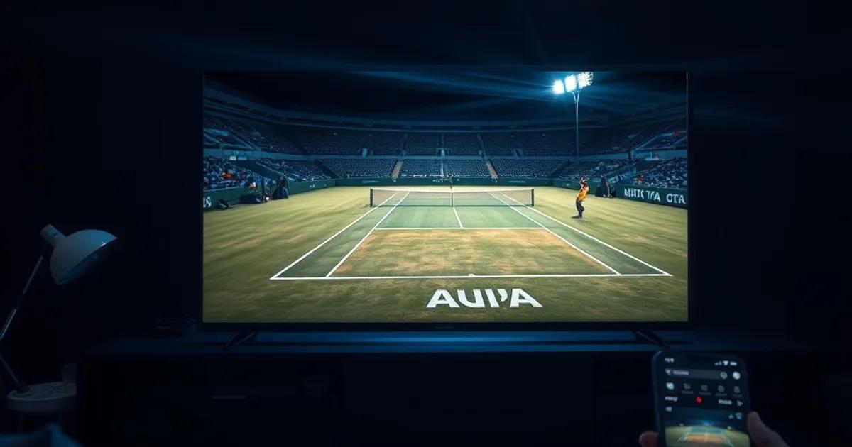 A dark living room at night with a large television showing a lit tennis stadium court mid-match, ambient glow from the screen