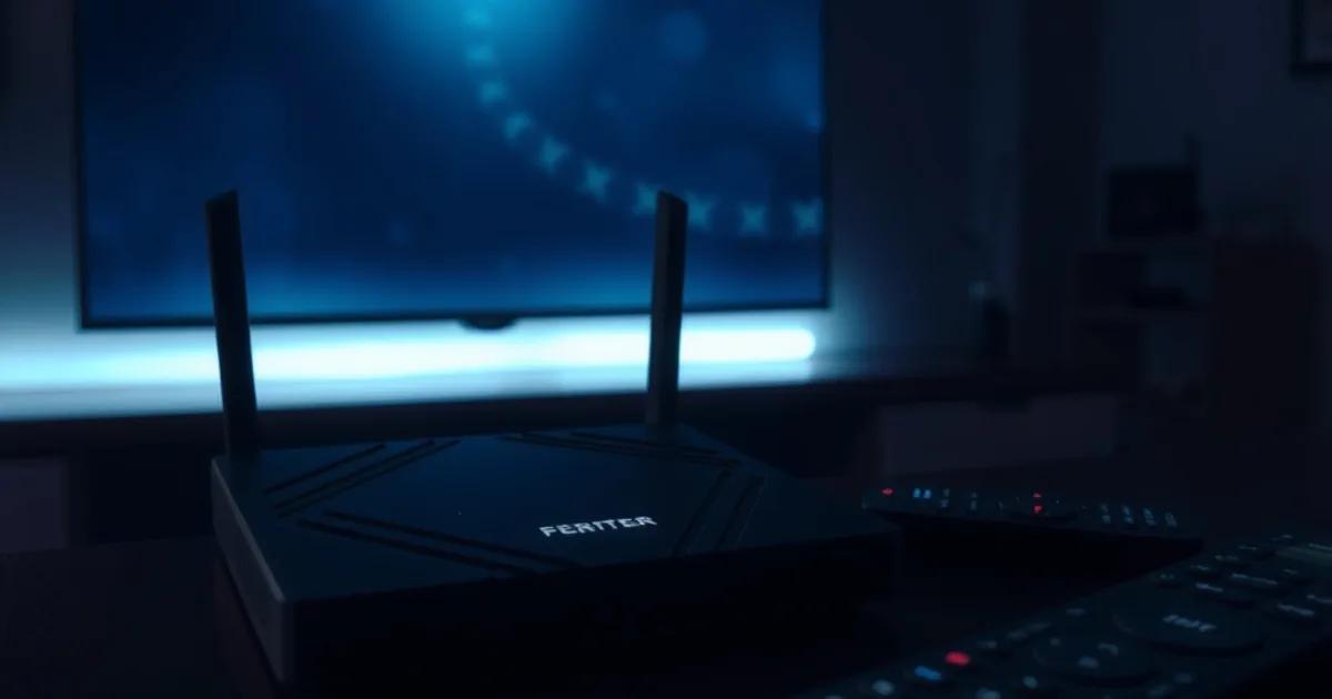 A router at night with a glowing stream of light representing an encrypted VPN tunnel flowing toward a TV screen in a dark room