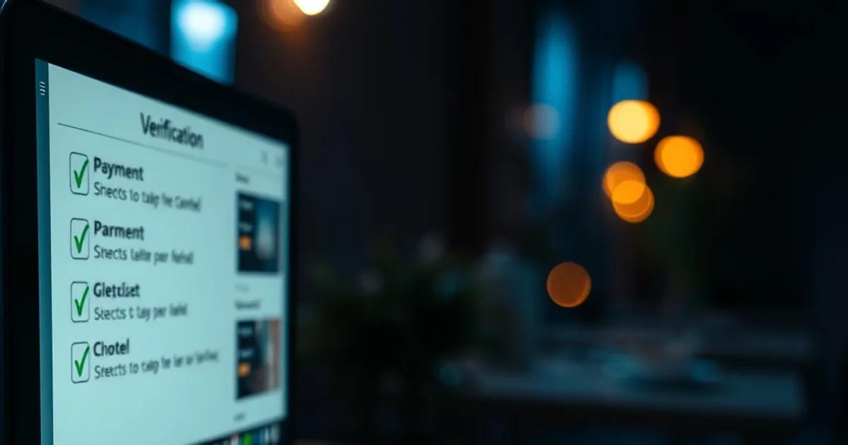 Hands typing on a laptop at night with a verification checklist glowing on screen and a phone showing a payment confirmation beside it