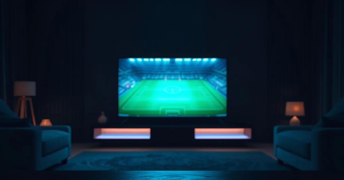Dark living room at night lit by a large 4K television showing a football pitch, streaming remote on the table in the foreground